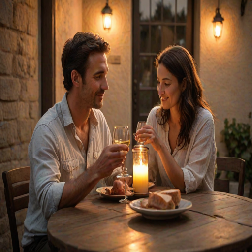 Warm, softly lit image of a couple sipping wine on a rustic patio at sunset, soft glow from lanterns casting warm shadows, the smell of fresh bread and olive oil in the air, and the feeling of romance.