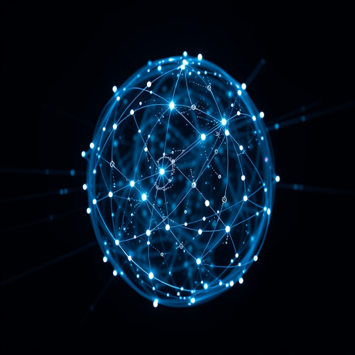 Create a high-resolution image of a futuristic digital network sphere set against a dark background, with dynamic lines and dots representing data flow, using a DSLR camera with a 24mm lens, f/2.8 aperture, ISO 100, and a long exposure of 5 seconds for enhanced light trails and depth.