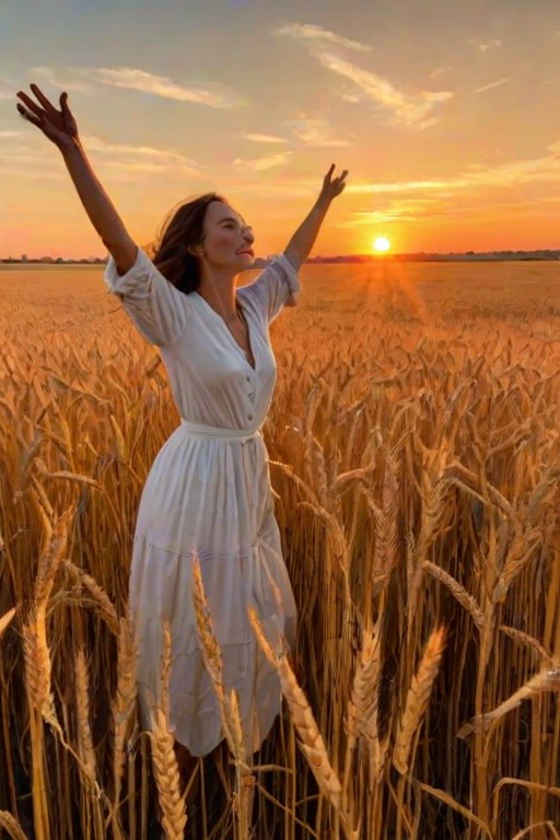 Golden wheat field at sunset, with the sky ablaze in vibrant colors, a woman stands among the tall stalks, her arms outstretched as she spins slowly, basking in the warmth of the setting sun.
