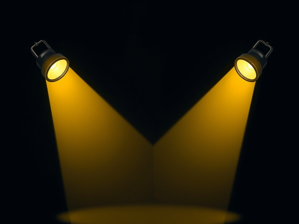 Create an illustration of two spotlight fixtures casting bright yellow light in a V shape on a dark background, using a Canon EOS R5 with a 24mm f/1.4 lens, ISO 100, aperture f/2.8, and shutter speed 1/125s to achieve a high-quality image with sharp details and vivid colors.