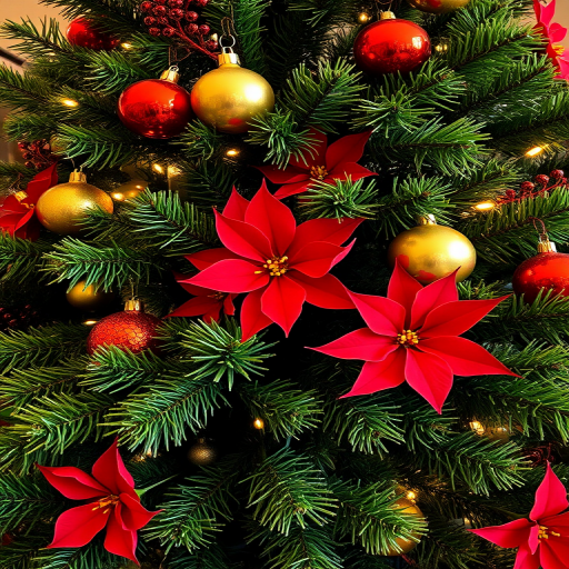 Create a festive Christmas tree scene featuring vibrant green branches adorned with shiny golden and red ornaments. Include twinkling white lights and bright red poinsettias among the foliage to enhance the holiday spirit. Focus on capturing the warm and cheerful atmosphere of a well-decorated tree.