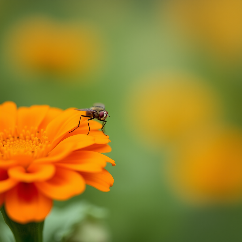 Capture a close-up shot of a fly on a vibrant orange marigold flower using a macro lens, with an aperture of f/2.8, shutter speed of 1/200s, ISO 100, natural lighting, and a blurred background to enhance depth of field.