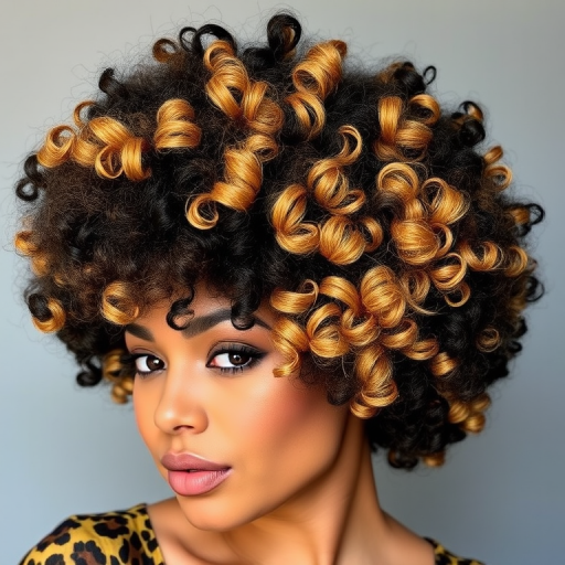Funky leopard print hair featuring a blend of black, golden blonde, and warm brown tones, styled in a voluminous afro with defined coils