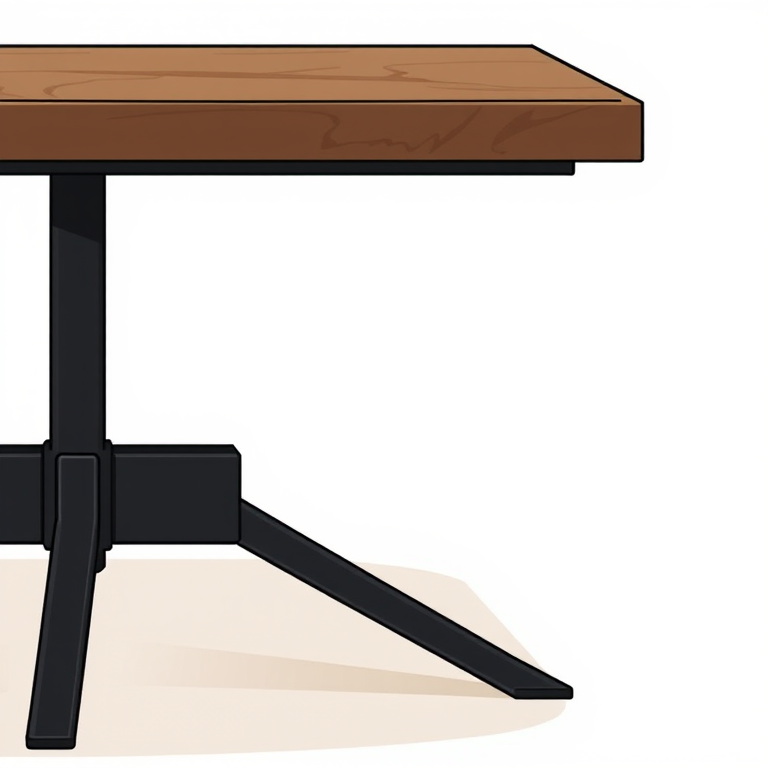 Create a high-resolution illustration of a wooden table with a brown top and a black metal base, using a DSLR camera style with a 50mm lens, f/1.8 aperture, ISO 100, and a shallow depth of field for a soft background blur.