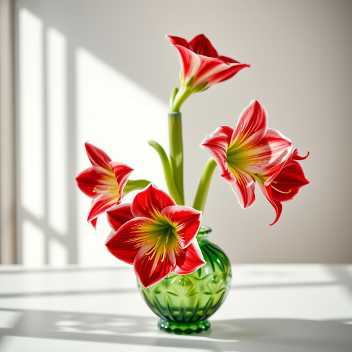 Generate a high-quality still life image of a vibrant flower arrangement featuring amaryllis in a decorative green vase, shot with a DSLR camera at f/2.8, ISO 100, with a 50mm lens, using soft natural lighting and a shallow depth of field for a clean background.