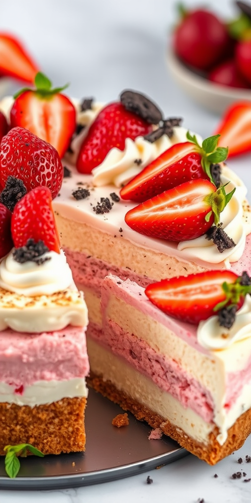 Create an image of a delicious multi-layered cheesecake with a creamy white and pink filling topped with fresh strawberries and whipped cream. The cake has a crumbly crust and is garnished with crushed cookies. Showcase a slice of the cake partially removed to reveal the layers inside, and include a soft-focus background with additional strawberry slices.