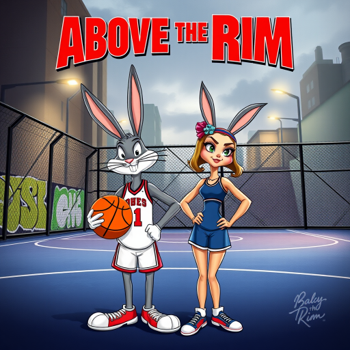 Design an Above the Rim poster featuring Bugs Bunny as Kyle and Lola Bunny as Shep. Bugs is dressed in a basketball jersey and shorts, holding a basketball with a confident expression, while Lola stands beside him in athletic gear, looking determined. The background features an urban basketball court with a wire fence, streetlights, and graffiti. The title "Above the Rim" appears in bold red letters at the top, keeping the original street basketball vibe