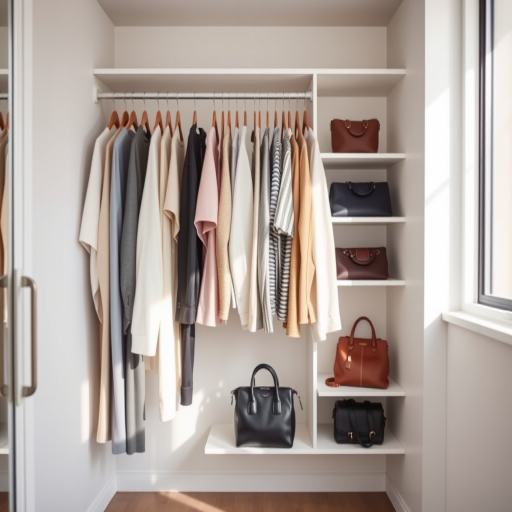 modern minimalist closet organization with a variety of clothing neatly hung on a rack, stylish bags placed on shelves, soft natural lighting, shallow depth of field, 50mm lens, f/2.8 aperture, ISO 200, DSLR camera, high-resolution image