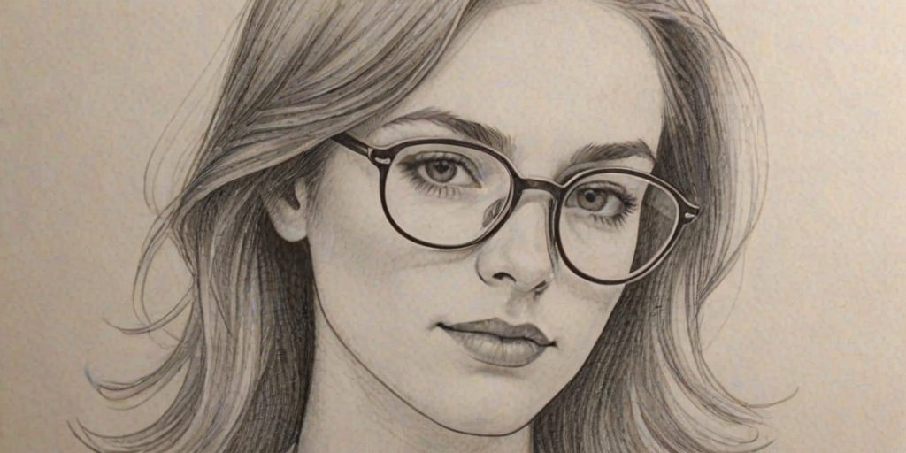 Lovely Caitlin Gerard, pencil sketch, portrait of Wonderful woman 1972s in glasses, hair style beatnik, outline, clear lines, fine lines, 8k