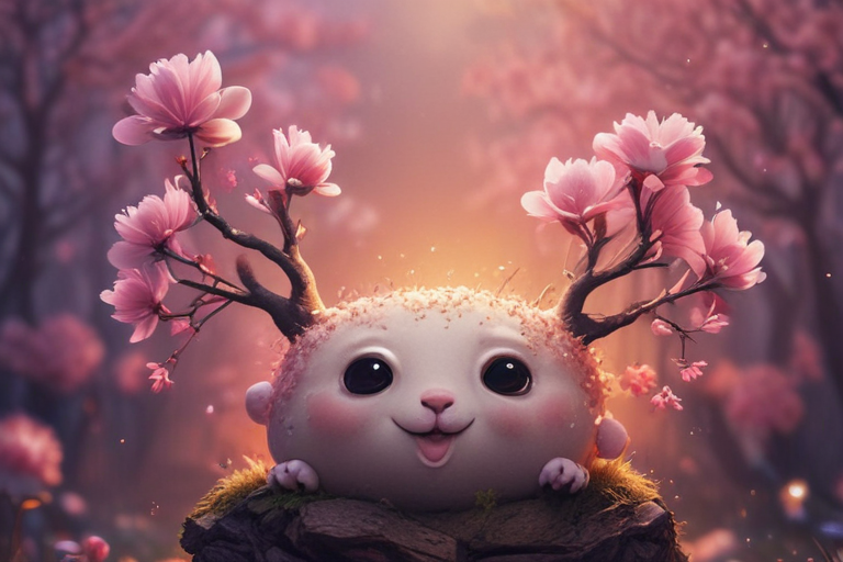 A Charming Creature with Flowering Antlers in a Magical Forest Setting
