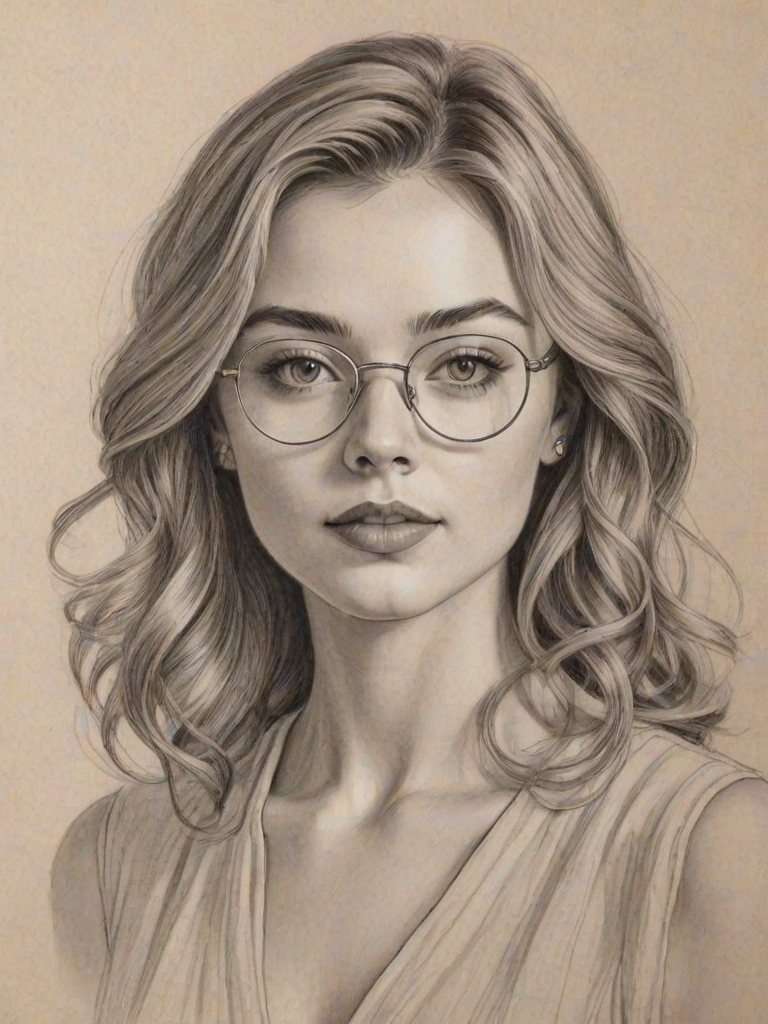 Graceful Peyton List, pencil sketch, portrait of Captivating woman 1924s in glasses, hair style beatnik, outline, clear lines, fine lines, 8k