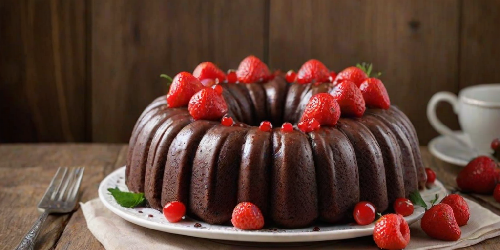 Create an image of a chocolate bundt cake adorned with fresh strawberries and red currants. The cake should have a smooth, glossy finish and be placed on an elegant serving plate. Surround the cake with additional strawberries and red currants for a vibrant presentation. Use a rustic wooden table as the background to enhance the natural feel.