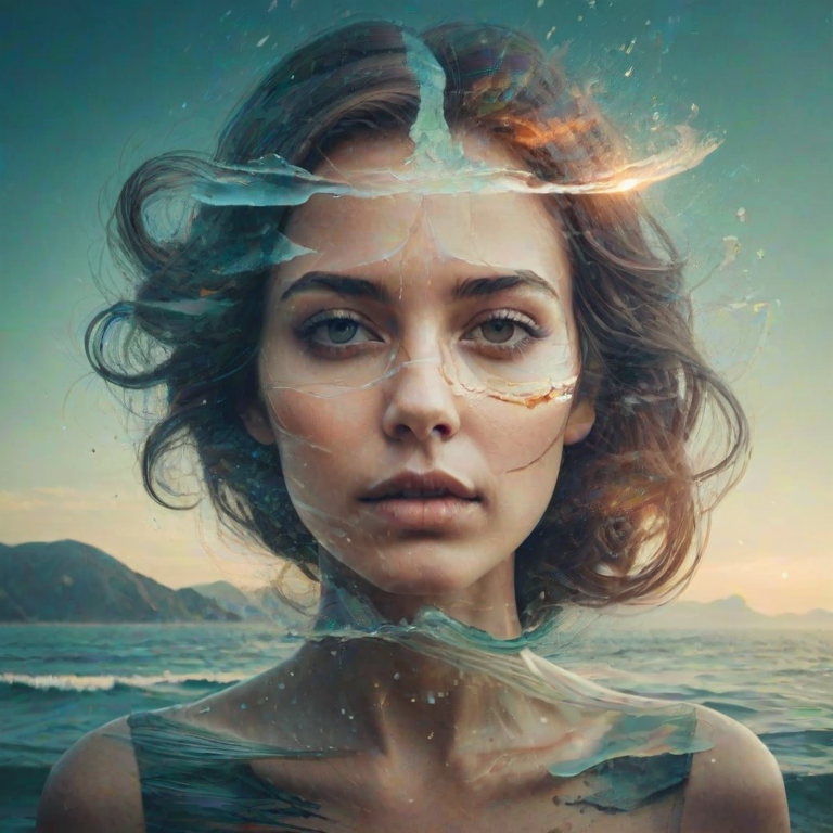 create Book cover, A surreal double exposure portrait that blends a ...