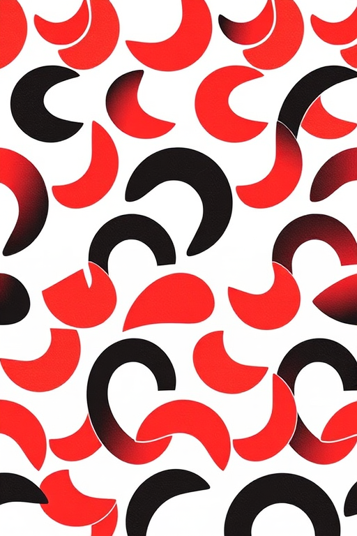 Create a seamless pattern of abstract curved shapes in red and black on a white background, using a high-resolution DSLR camera with a 50mm lens, aperture set to f/8, ISO 100, shot from a top-down view in natural lighting for even distribution and clarity.