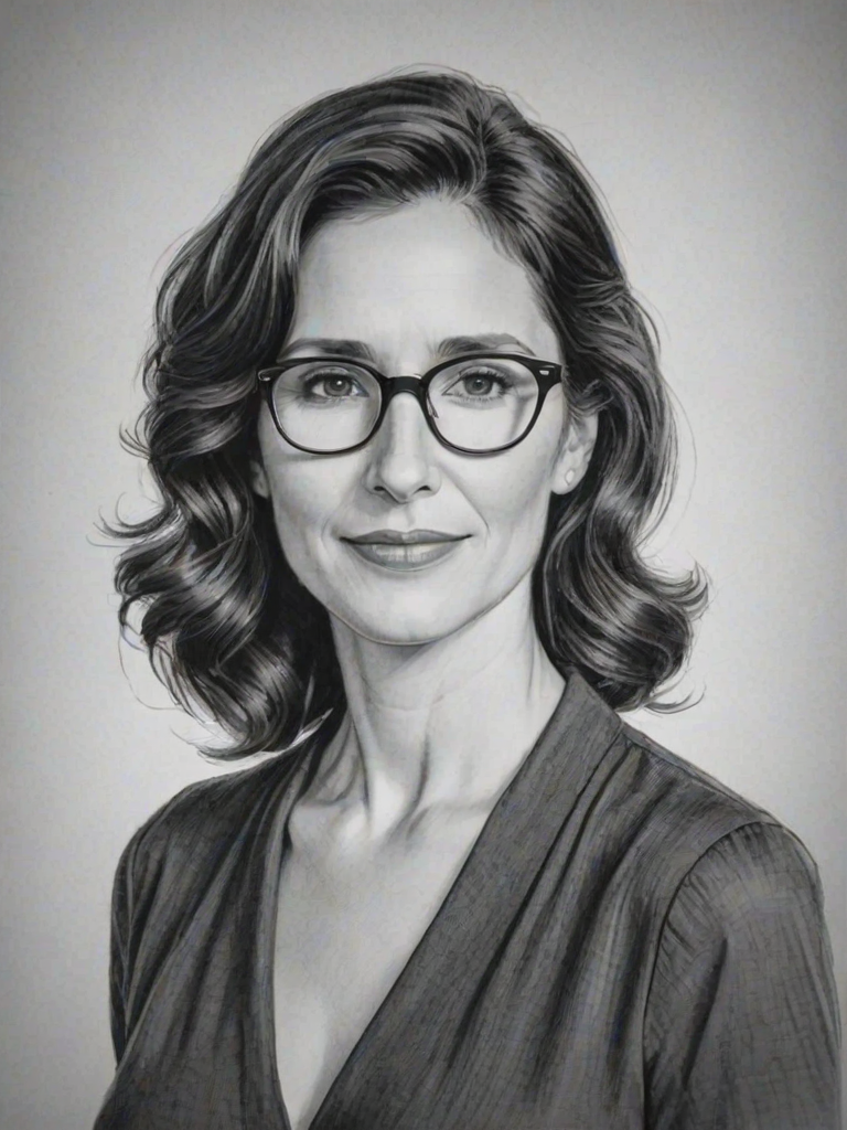 Elegant Michaela Watkins, pencil sketch, portrait of Radiant woman 1953s in glasses, hair style beatnik, outline, clear lines, fine lines, 8k