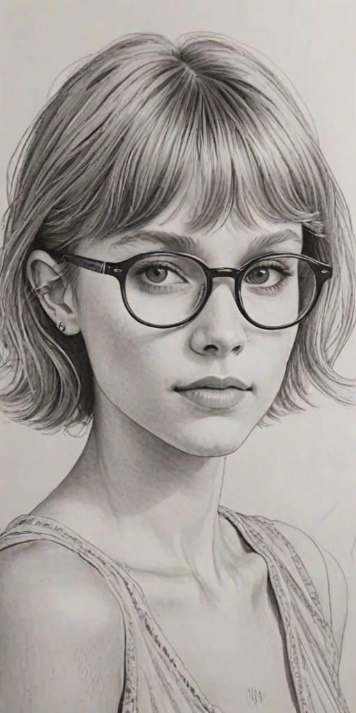 Graceful Grace VanderWaal, pencil sketch, portrait of Sublime woman 1976s in glasses, hair style beatnik, outline, clear lines, fine lines, 8k