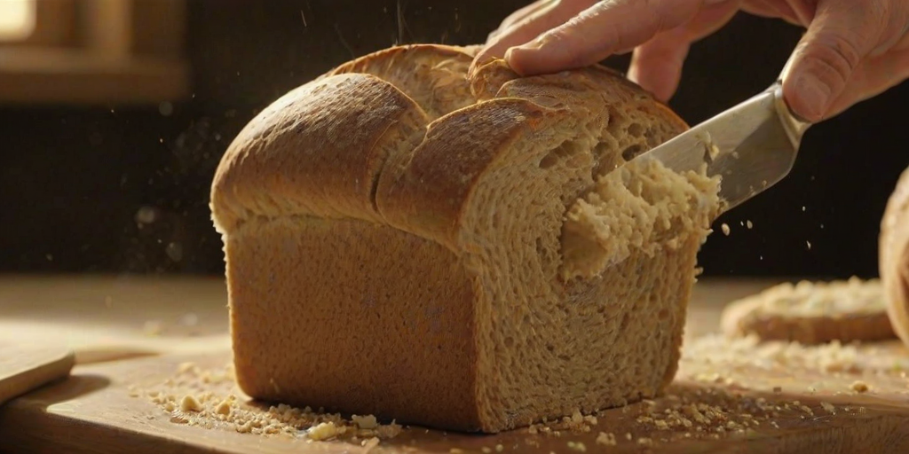 Warmly lit, close-up photo of a loaf of freshly baked bread being sliced, soft crumbs falling onto a wooden cutting board, with steam rising from the warm interior and a butter knife nearby.