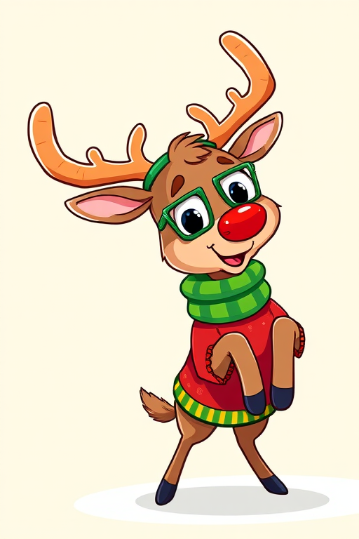 Create a colorful illustration of a cartoon reindeer wearing a red sweater and green accessories, in a playful pose, with a bright background, using a digital art style, 300 DPI resolution, with a focus on vibrant colors and clean lines.