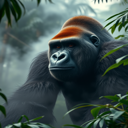 Generate a hyper-realistic image of a massive gorilla in a misty jungle setting, captured with a Canon EOS R5, 24mm lens, f/2.8, ISO 100, using a wide-angle perspective and dramatic lighting to highlight the textures of the gorilla's fur and the surrounding mist.