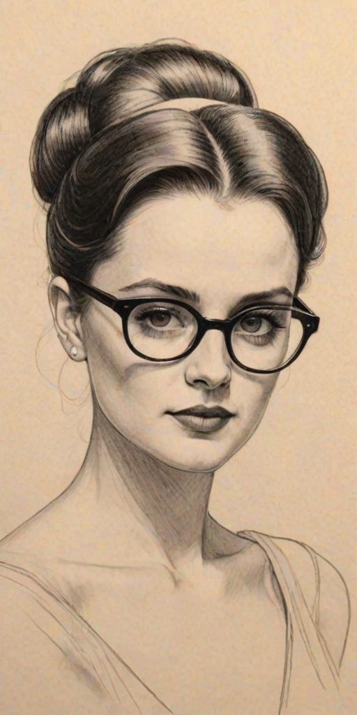 Appealing Sophie McShera, pencil sketch, portrait of Graceful woman 1947s in glasses, hair style beatnik, outline, clear lines, fine lines, 8k