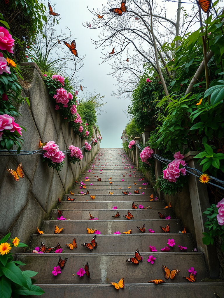 Regenerate the image of a staircase adorned with butterflies and floral decorations leading towards a misty river, captured with a Nikon D850, aperture f/1.8, shutter speed 1/250s, ISO 100, with a soft focus and vibrant colors, using a wide-angle lens.