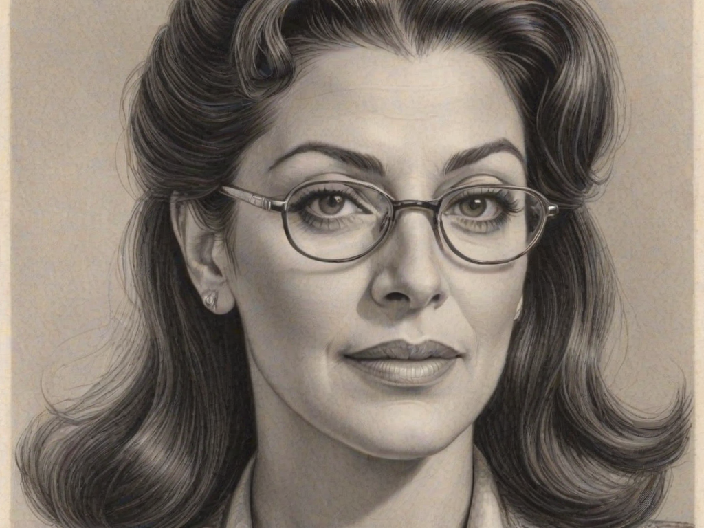 Beauteous Marina Sirtis, pencil sketch, portrait of Wonderful woman 1940s in glasses, hair style beatnik, outline, clear lines, fine lines, 8k