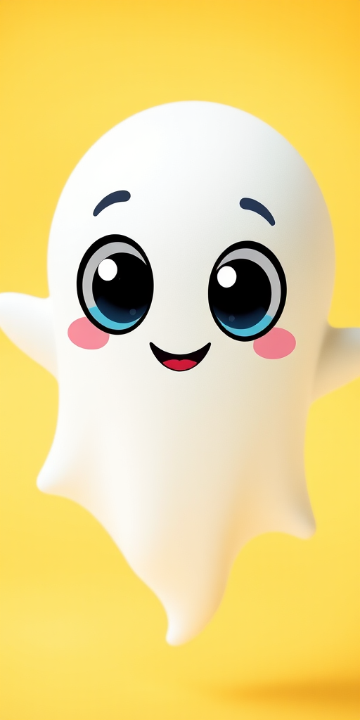 Generate a cute cartoon ghost with big eyes and a smiling expression on a soft yellow background, using a DSLR camera with a 50mm lens, aperture f/1.8 for a shallow depth of field, and a slight vignette effect for enhanced image quality, shot from a frontal view.