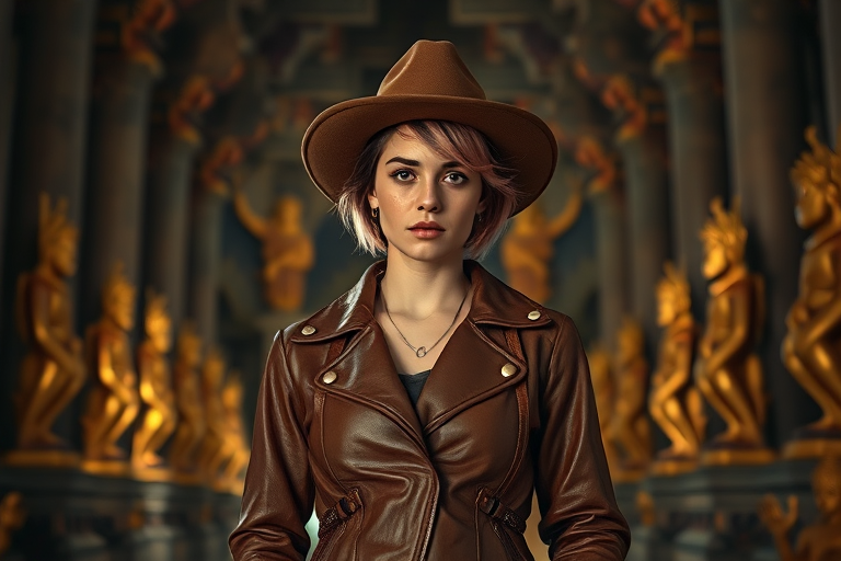 A young woman with short, pink-tipped hair wearing a brown leather jacket and a wide-brimmed hat stands confidently in an ancient temple filled with golden artifacts and statues, shot with a Canon EOS R5 at f/2.8, ISO 100, 50mm lens in dramatic low light to enhance the atmosphere.