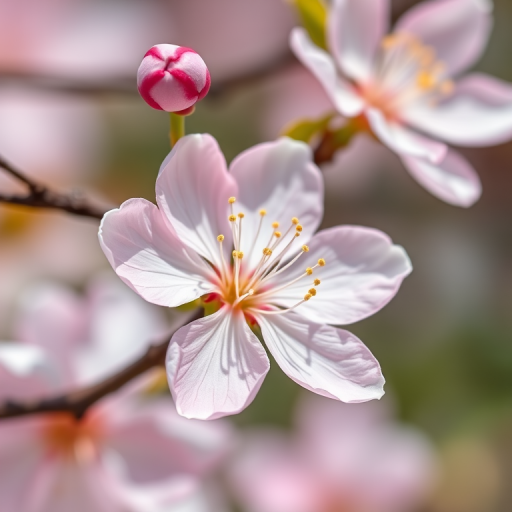 Create a high-resolution image of a cherry blossom flower with soft pink petals and white stamen, using a macro lens, f/2.8 aperture, 50mm focal length, ISO 100, and natural daylight for optimal clarity and depth of field.