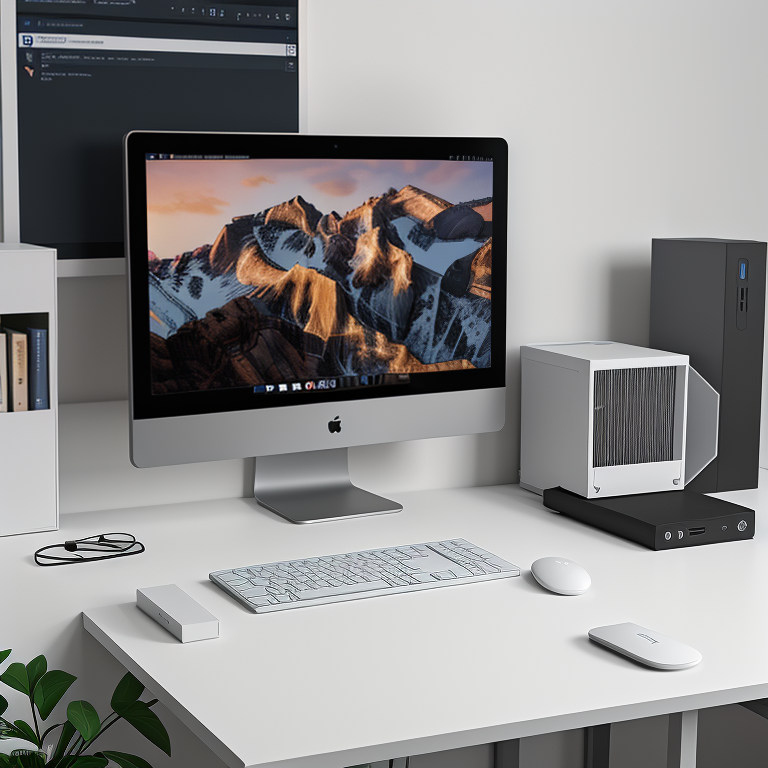 A Modern Workspace Featuring an Apple Computer and Minimalist Design ...
