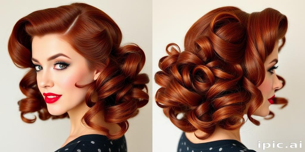 Rich mahogany hair with subtle copper highlights, styled in voluminous vintage-inspired pin curls and victory rolls, exuding retro glamour and sophistication known as Cinnamon Siren