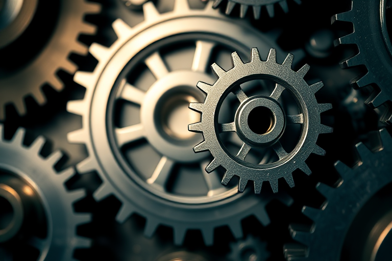 create a detailed illustration of interlocking gears, using a DSLR camera with a 50mm lens, aperture set to f/2.8, ISO 100, and a soft focus background to enhance the sharpness of the gears, lit with soft box lighting to create depth and shadows, shot from an overhead angle for a dynamic perspective