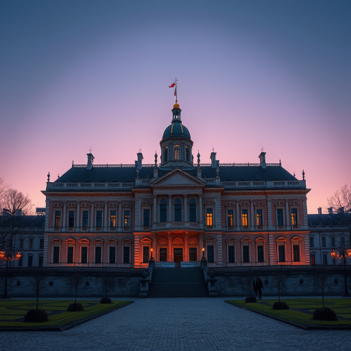 Regenerate a high-resolution image of a historic palace at twilight with a wide-angle view, using a DSLR camera at f/8 aperture, ISO 100, and a shutter speed of 1/30 seconds to capture intricate details and soft lighting.