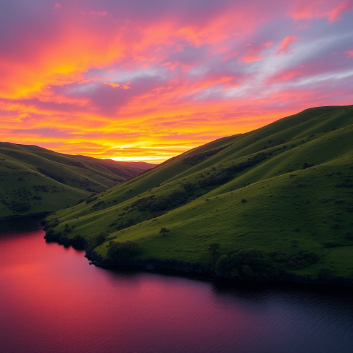 Create a high-resolution image of a serene landscape featuring lush green hills, a vibrant sunset sky with shades of orange and pink, and a calm body of water reflecting the colors above, shot with a Canon EOS R5 at f/8, ISO 100, 1/200 sec, wide-angle lens, with a soft-focus background.