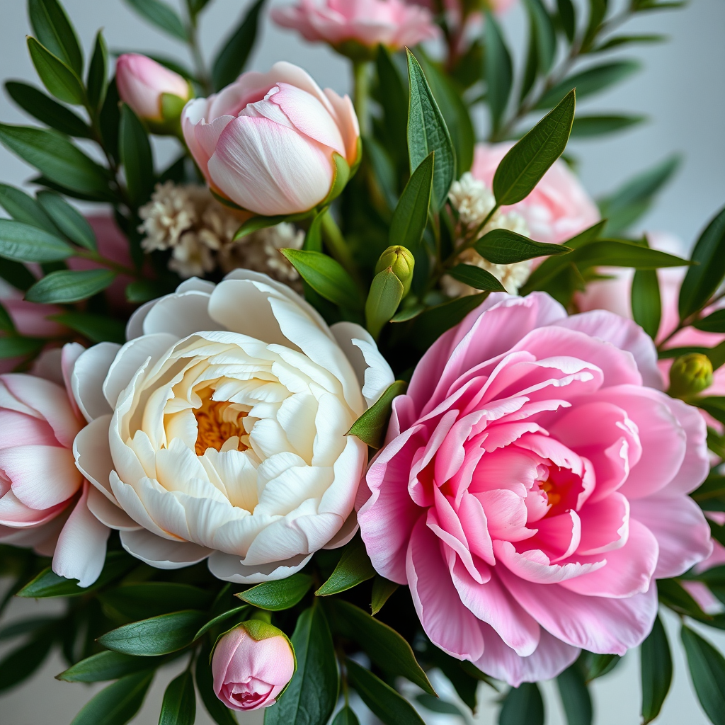 Generate a high-resolution image of a floral arrangement featuring a white peony, delicate pink blooms, and lush green leaves, captured with a Canon EOS R5, 85mm f/1.4 lens, at f/2.8 aperture, ISO 100, using a soft natural light setting to enhance colors and details.