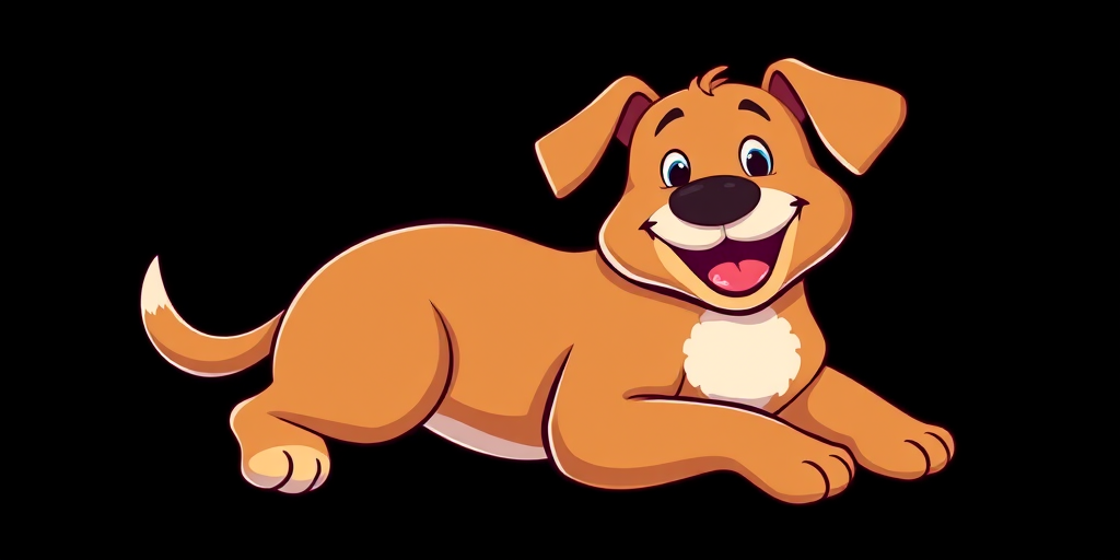 Create a cartoon-style illustration of a playful, happy brown dog with a white patch on its chest, lying down and smiling, using vibrant colors against a solid black background, shot with a Canon EOS 5D Mark IV at f/8, ISO 100, with a 50mm lens, utilizing a soft focus technique for a whimsical effect.
