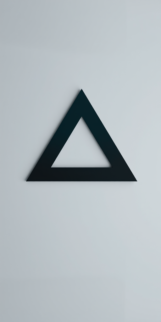 Create a high-resolution digital artwork of an impossible triangle with a gradient from teal to black on a smooth gray background, using a Canon EOS R5 camera, aperture f/8, shutter speed 1/125 sec, ISO 100, and a soft focus lens for a modern minimalist style.