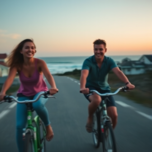 Blurry, candid shot of friends riding bicycles through a coastal town at twilight, soft pastel colors in the sky, distant ocean waves crashing, and the sound of laughter and ringing bells.