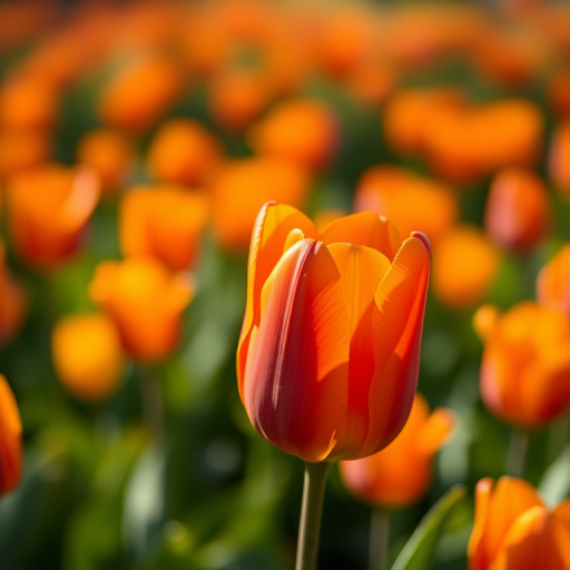 macro shot of a vibrant orange tulip in a field of blurred tulips, f/2.8 aperture, 1/250 sec shutter speed, ISO 100, 100mm lens, natural daylight, shallow depth of field, DSLR camera