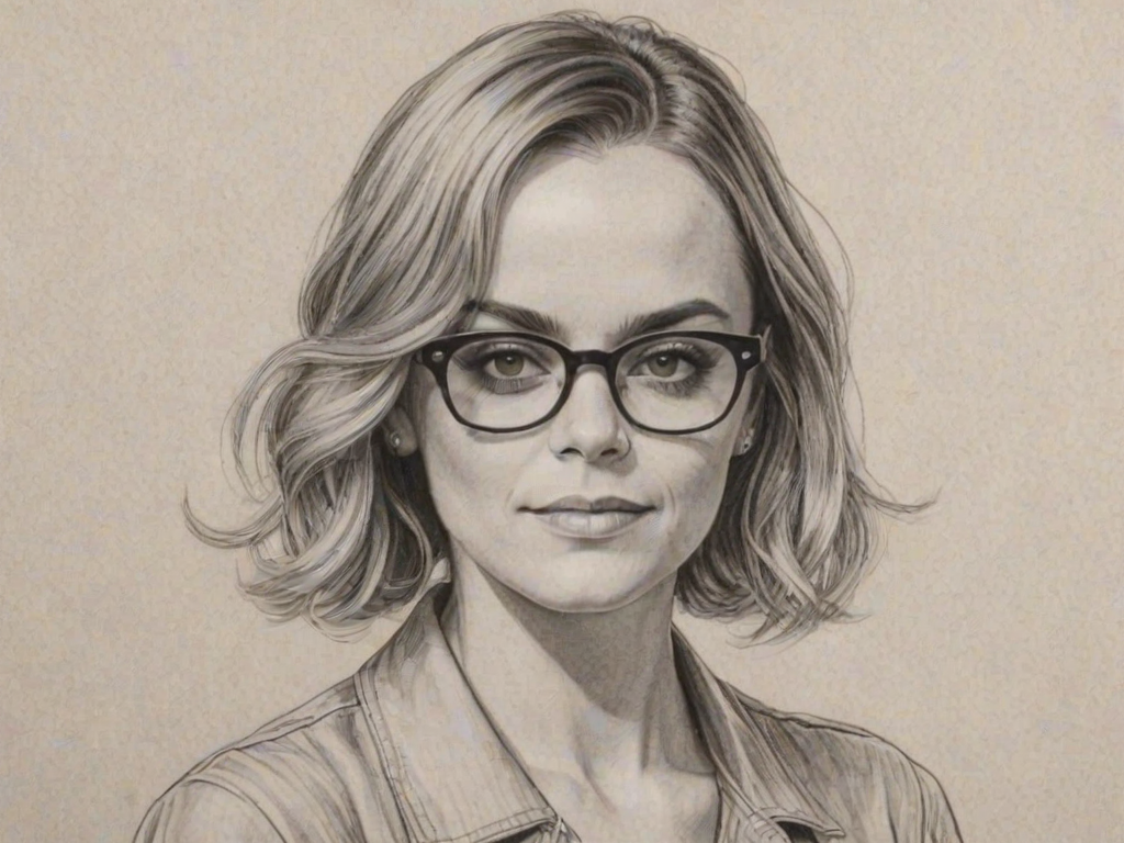 Fascinating Taryn Manning, pencil sketch, portrait of Radiant woman 1935s in glasses, hair style beatnik, outline, clear lines, fine lines, 8k