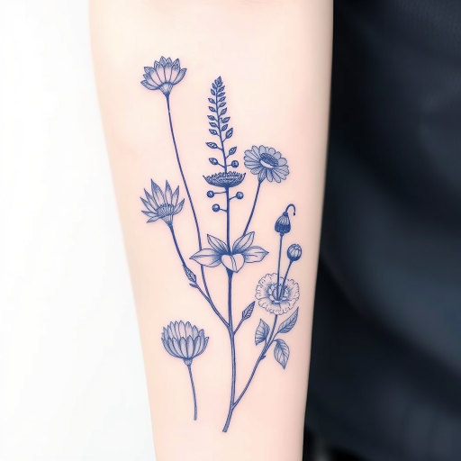 Fine line tattoo named "Botanical Blueprint" showcasing highly detailed scientific illustrations of various plant species in a delicate monochrome blue ink