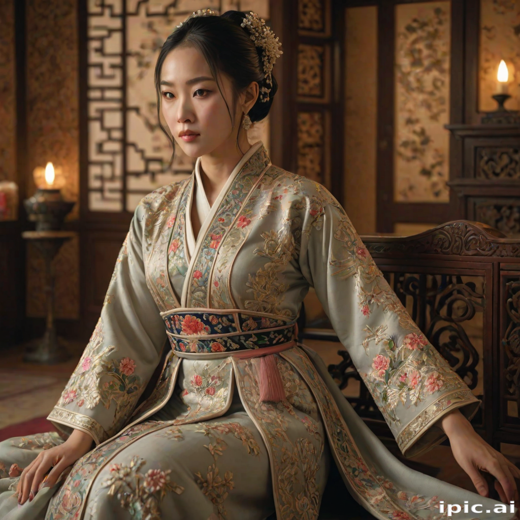 A beautiful woman in traditional East Asian attire, intricately detailed with embroidered patterns, sitting gracefully in a richly decorated room, soft ambient lighting, serene and elegant, ultra-realistic, 8K resolution