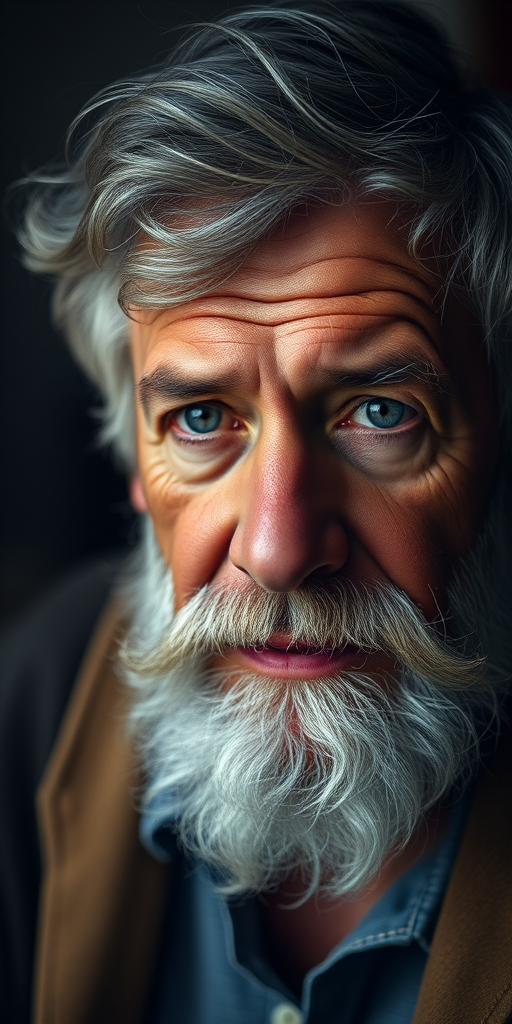 portrait of an older man with grey hair and beard, soft lighting, shallow depth of field, Canon EOS R5, 85mm lens, f/1.8, ISO 100, 1/160s, dramatic lighting for enhanced facial features