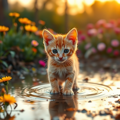 A curious orange tabby kitten standing in a puddle surrounded by colorful flowers during golden hour, captured with a Canon EOS R5 at f/2.8, 50mm lens, ISO 100, soft focus background, vibrant colors, high dynamic range.