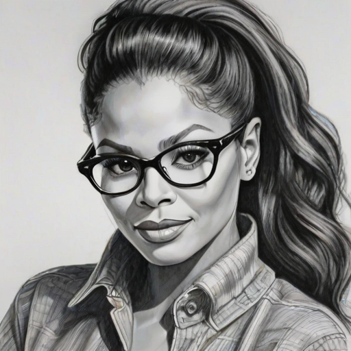 Pleasing Janet Jackson, pencil sketch, portrait of Attractive woman 1949s in glasses, hair style beatnik, outline, clear lines, fine lines, 8k
