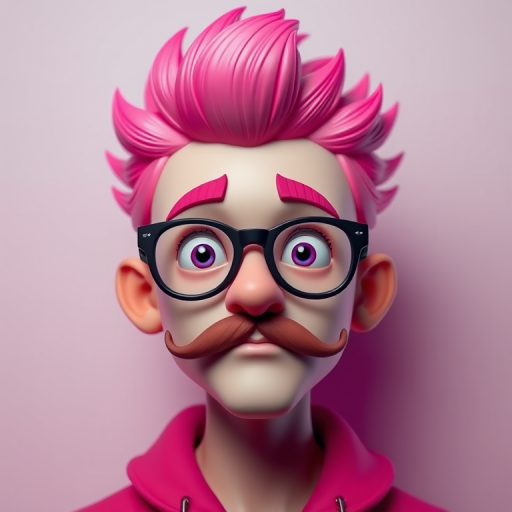 Create a 3D stylized portrait of a character with vibrant pink spiky hair, wearing glasses and a stylish mustache, against a smooth gradient background, using a Canon EOS R5 with a 50mm lens, aperture f/1.8, ISO 100, and a shallow depth of field for a soft background blur.