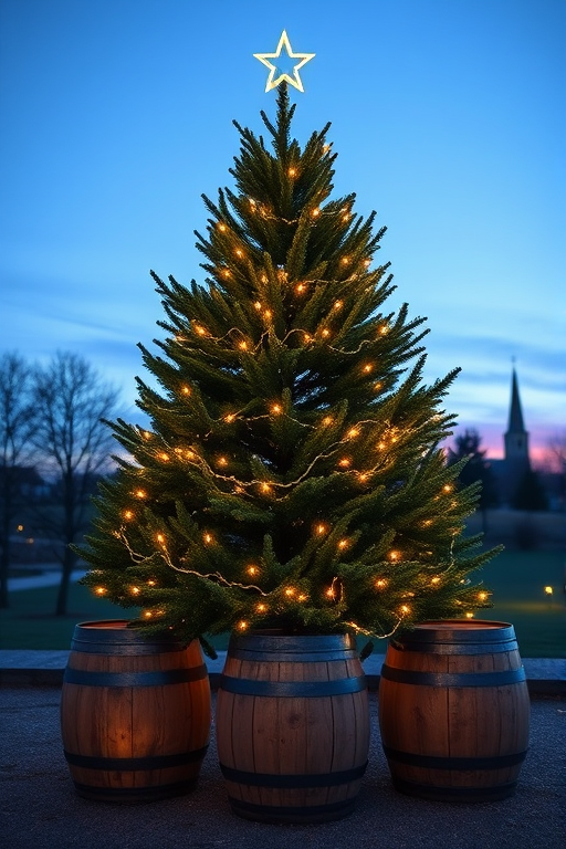 Create an image of a beautifully lit Christmas tree at dusk, adorned with warm white lights and a star on top. The tree is surrounded by three large wooden barrels, set against a serene landscape with a clear evening sky transitioning from blue to twilight. Include hints of distant trees or a church steeple in the background to enhance the festive atmosphere.