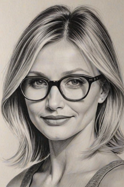 Beautiful Cameron Diaz, pencil sketch, portrait of beautiful woman 60s in glasses, hair style beatnik, outline, clear lines, fine lines, 8k