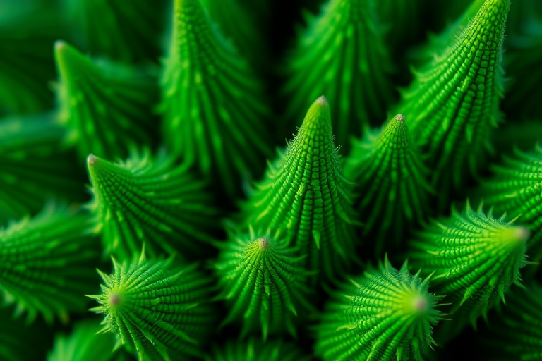 generate an abstract image of green textured spikes with intricate details, using a DSLR camera with a 50mm lens at f/8, 1/250 shutter speed, ISO 100, shot from a close-up perspective to highlight depth and texture, ensuring high dynamic range and vivid color saturation