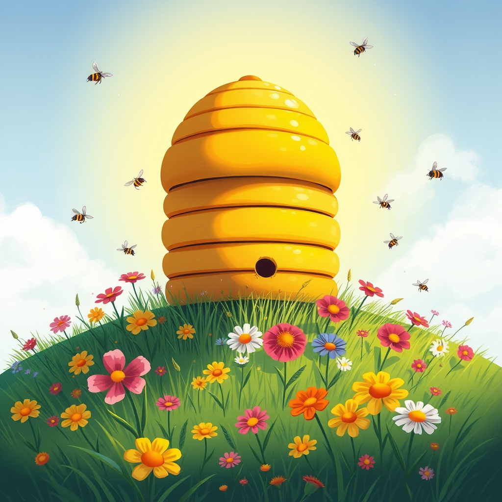 A vibrant illustration of a beehive on a grassy hill with colorful flowers and buzzing bees, captured with a DSLR camera, 50mm lens, f/2.8 aperture, ISO 200, natural lighting, and a shallow depth of field to enhance focus on the beehive and flowers while softly blurring the background.